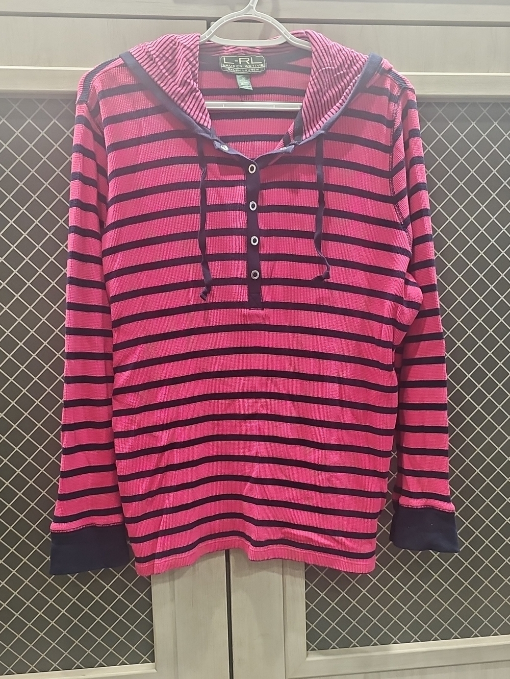 Ralph Lauren Pink and Navy Striped Hooded Henley Sweatshirt